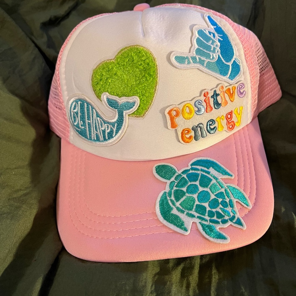 Pink and Green Hat with Colorful Appliqués and Adjustable Closure